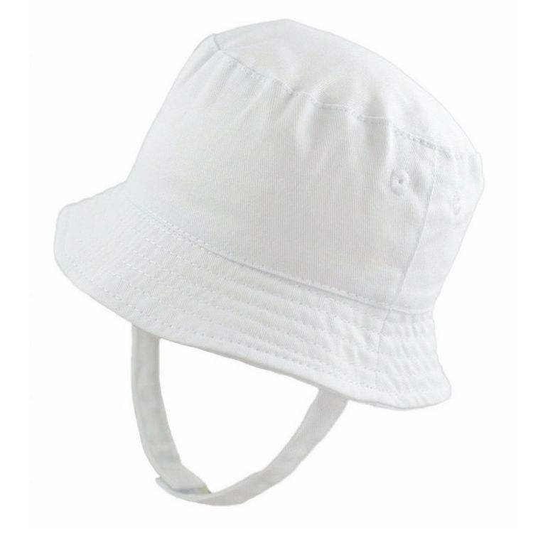 Picture of 0193-WHITE: INFANTS PLAIN WHITE BUCKET HAT WITH CHIN STRAP (